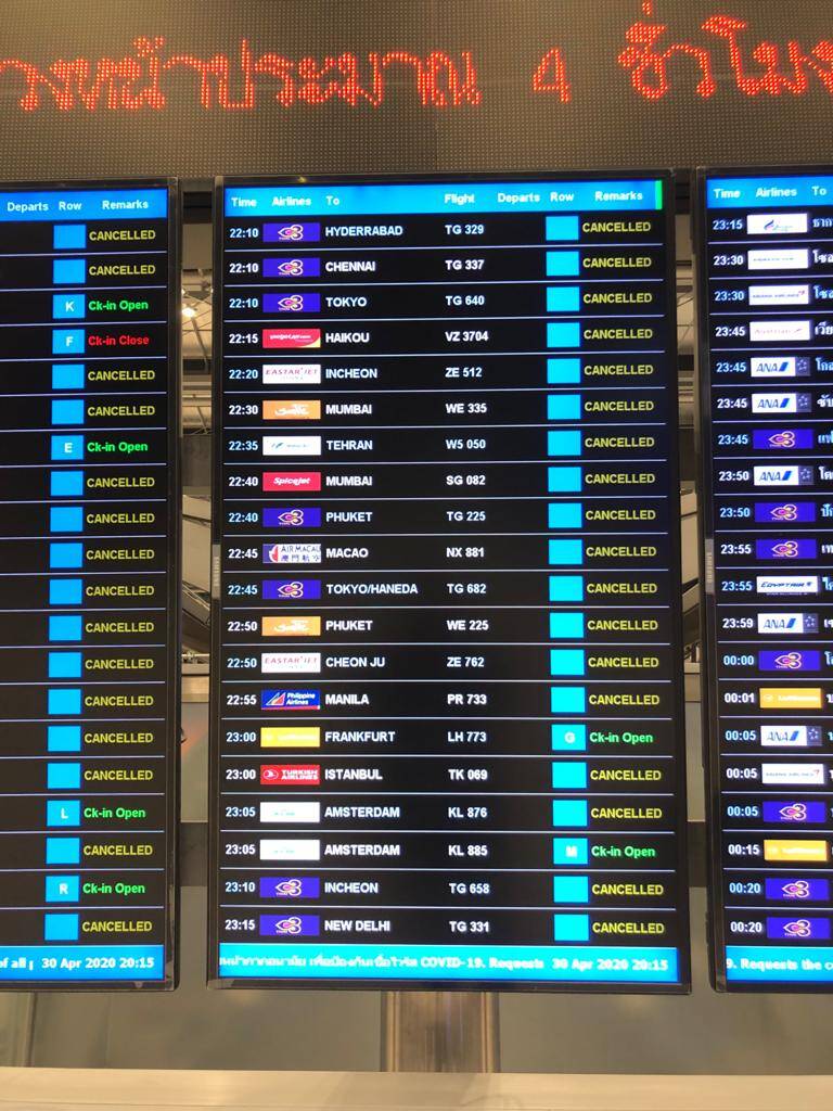 flight board, mostly cancelled