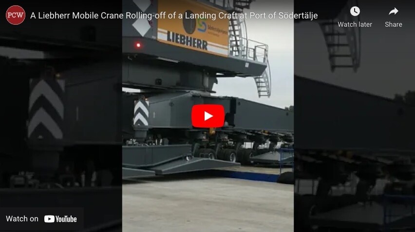 Ft Video - A Liebherr Mobile Crane Rolling-off of a Landing Craft at Port of Sodertalje