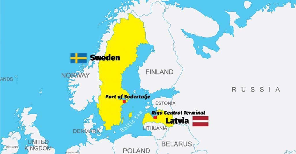 Map of Port of Södertälje, Sweden and Riga Central Terminal, Latvia
