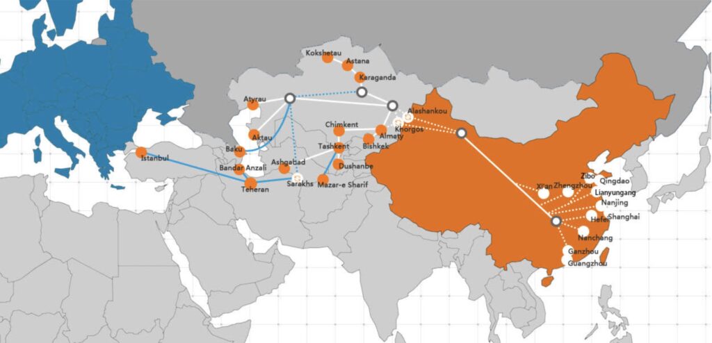 Map connecting China to Central Asia
