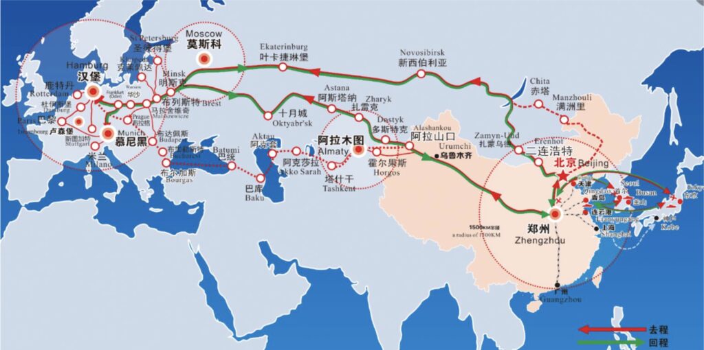 Map connecting China to Europe and Russia